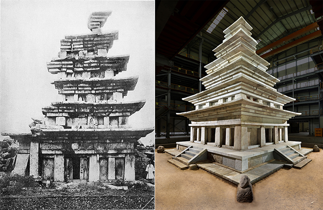 ▲미륵사지 석탑(국보11호), 1910년 동측면(왼쪽),수리 후 동북측면(오른쪽)